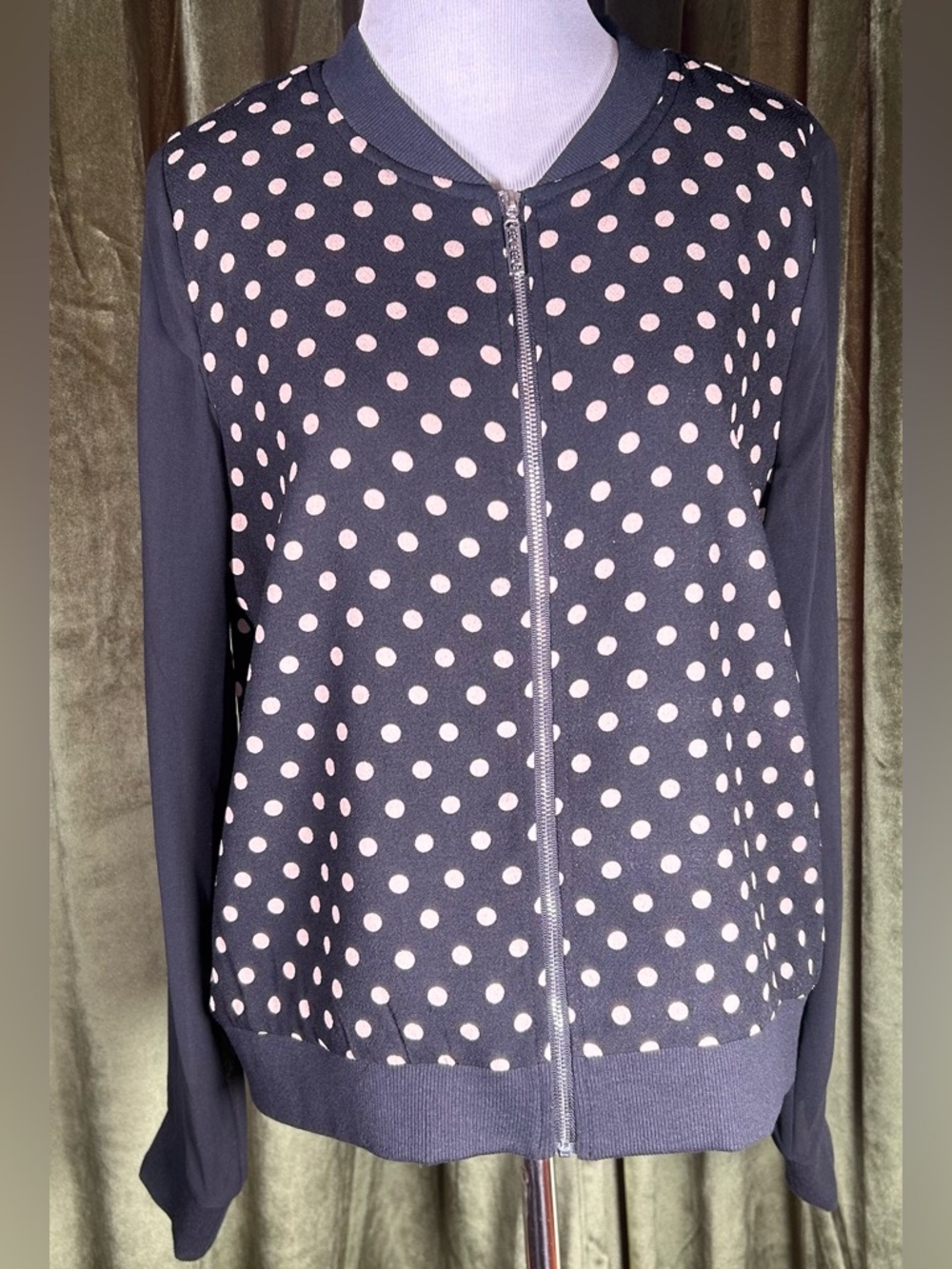 BCBGMAXAZRIA Polka Dot Mixed Media Bomber Jacket Sheer Sleeves - Picture 3 of 6